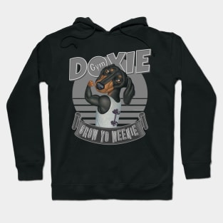 Fun Doxie in Doxie Gym to Grow Yo Weenie with silver trim Hoodie